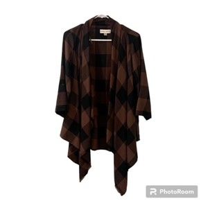 Knox Rose Brown Black Plaid Rollup Sleeve Asymmetrical Open Cardigan Size Medium